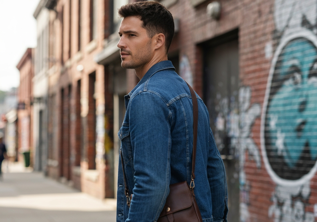 Homme portant sac bandoulière cuir beige week-end