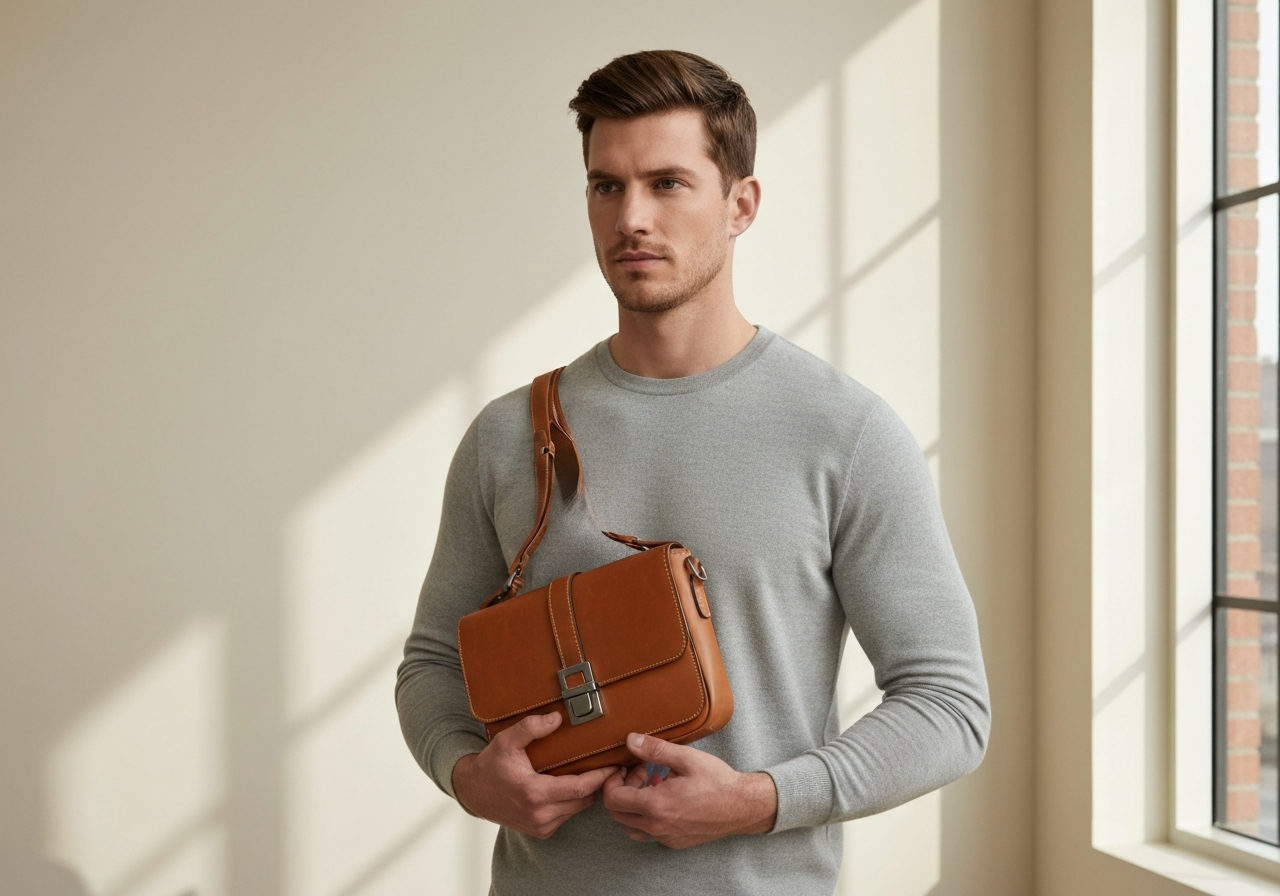 Sac bandoulière homme cuir camel tendance contemporaine