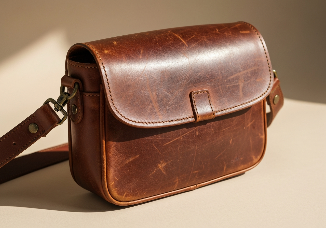 détail sac bandoulière cuir homme artisanal