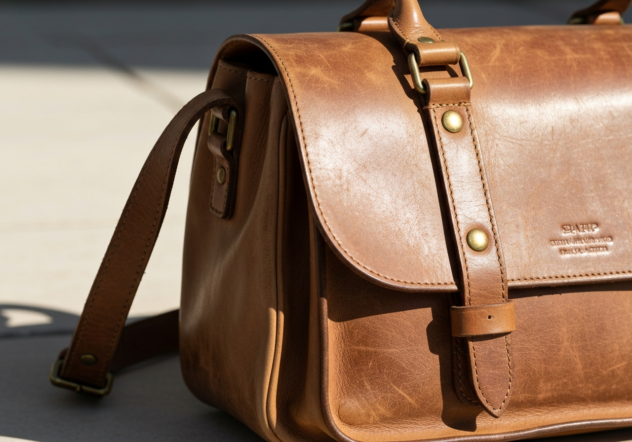 Détail patine sacoche cuir vintage homme authentique