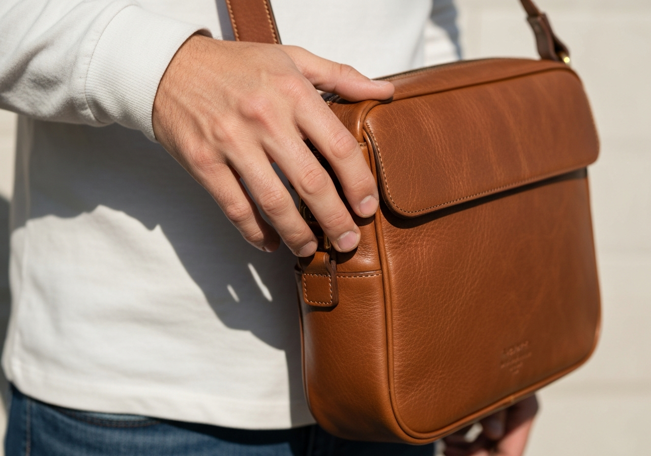 Détail qualité cuir sac bandoulière homme artisanal