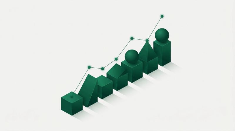 Abstract emerald shapes forming a rising chart on a white background