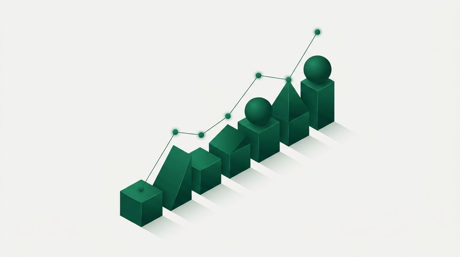 Abstract emerald shapes forming a rising chart on a white background