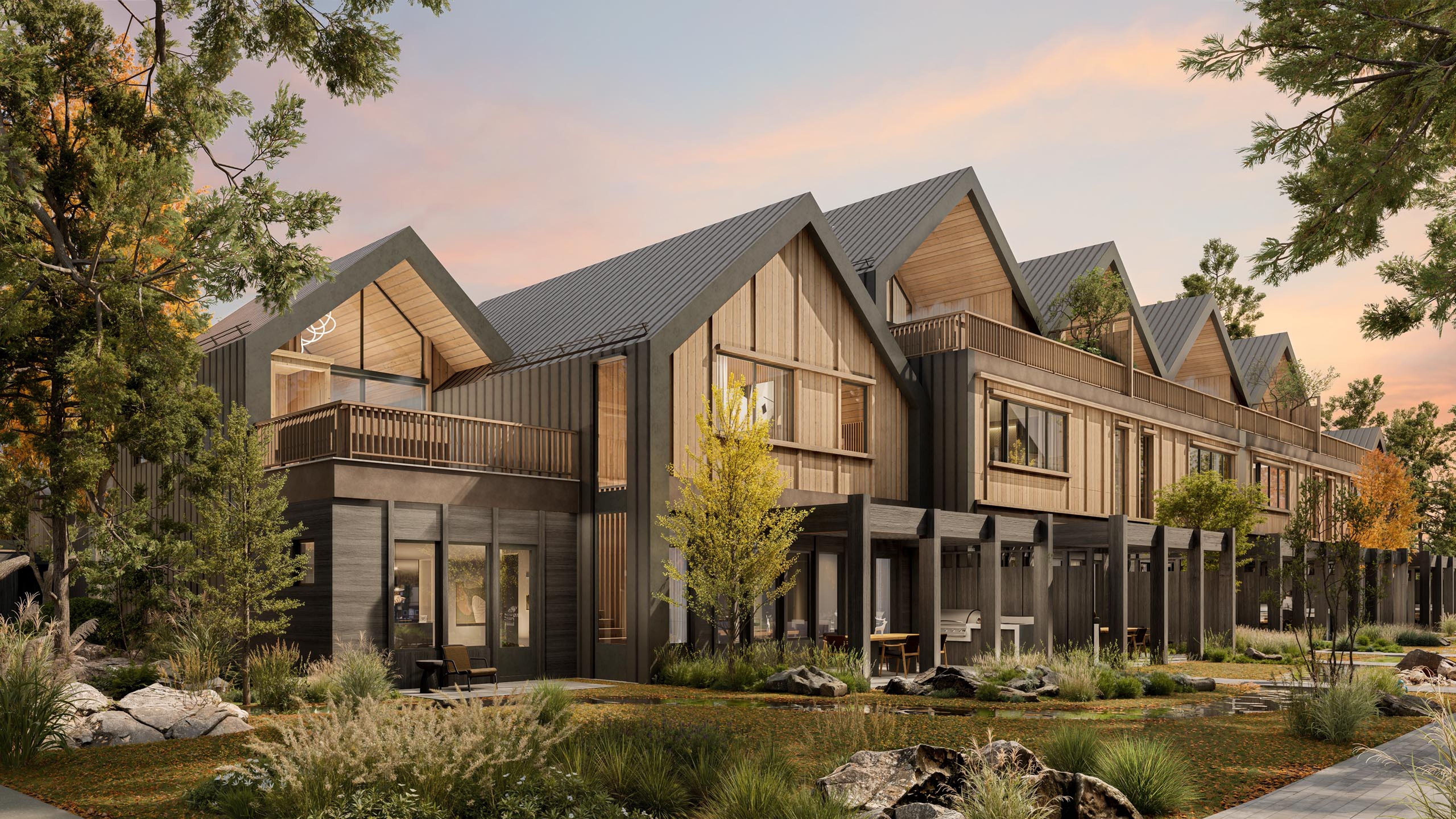 Modern townhome community on sunny neighborhood street