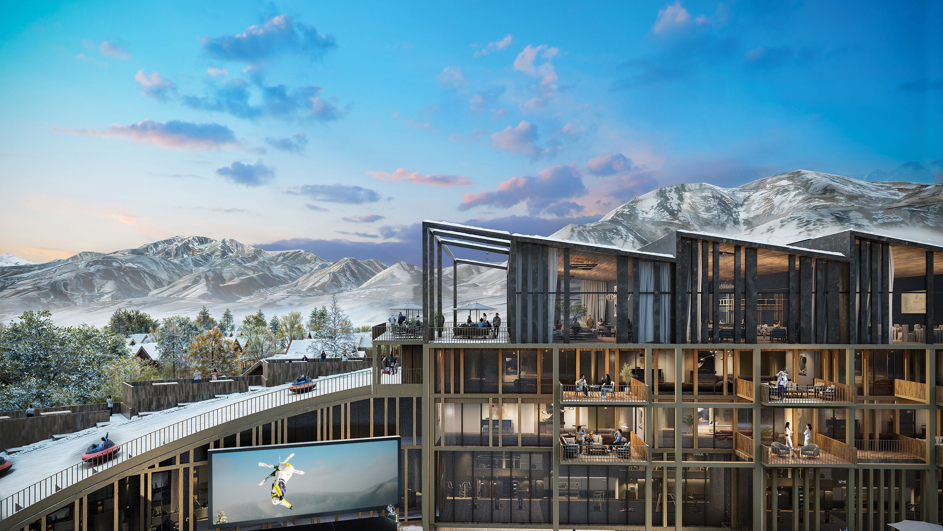 A modern residential street with contemporary wood and dark-sided homes, vibrant autumn trees, and scattered leaves.