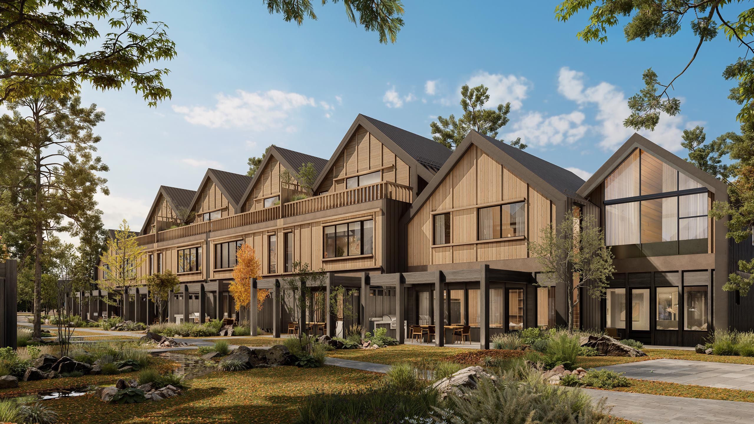 Exterior of snow covered modern housing development