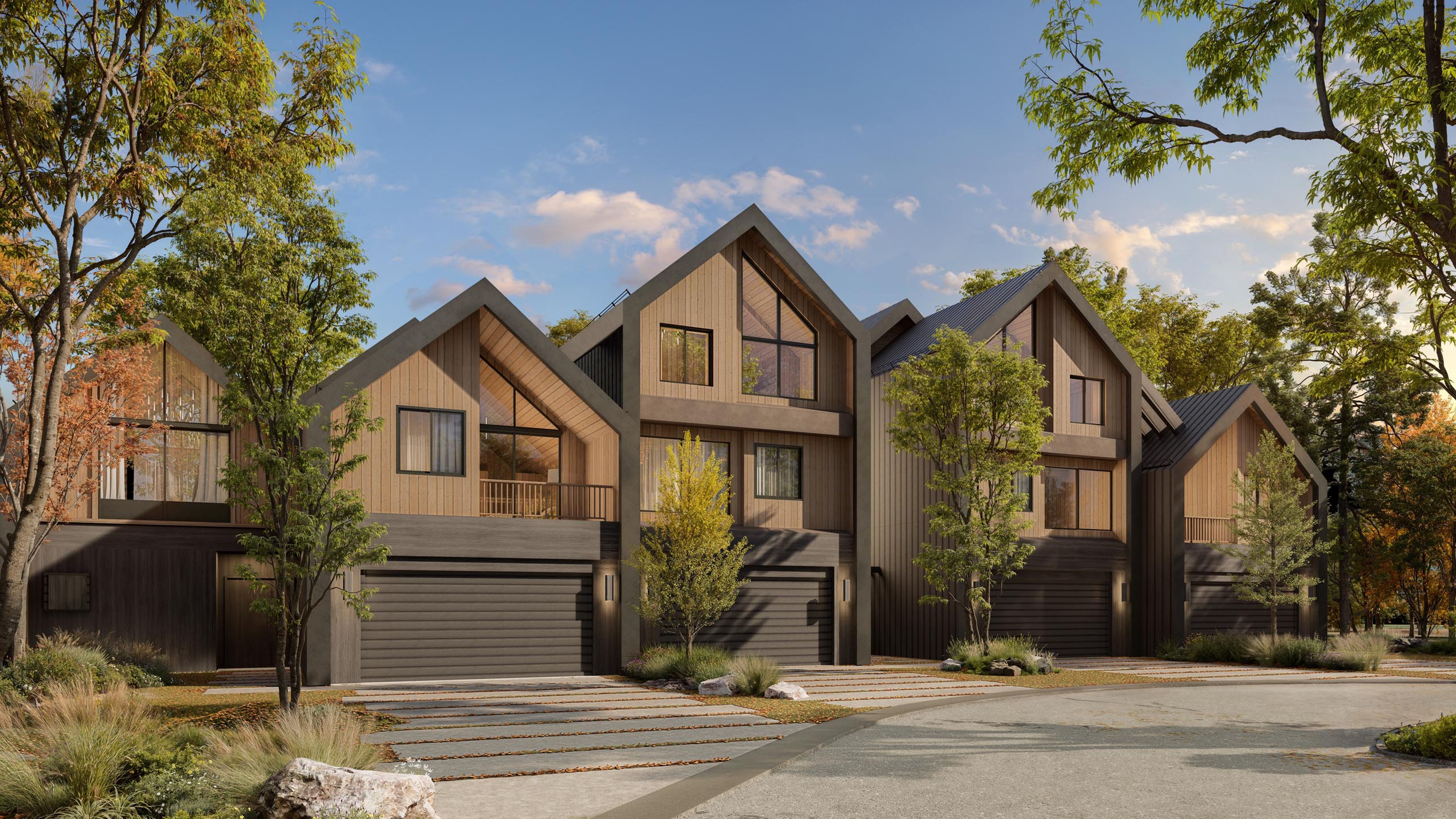 Modern homes on sunny neighborhood street
