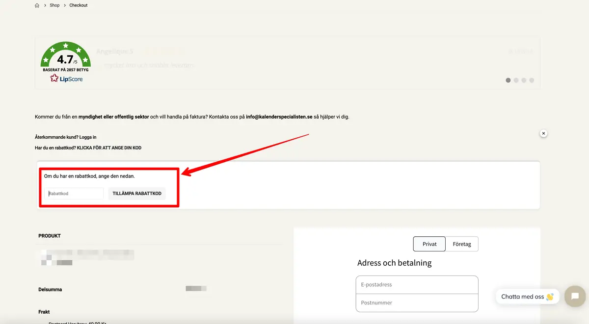 Bild på var man aktiverar en Kalenderspecialisten rabattkod