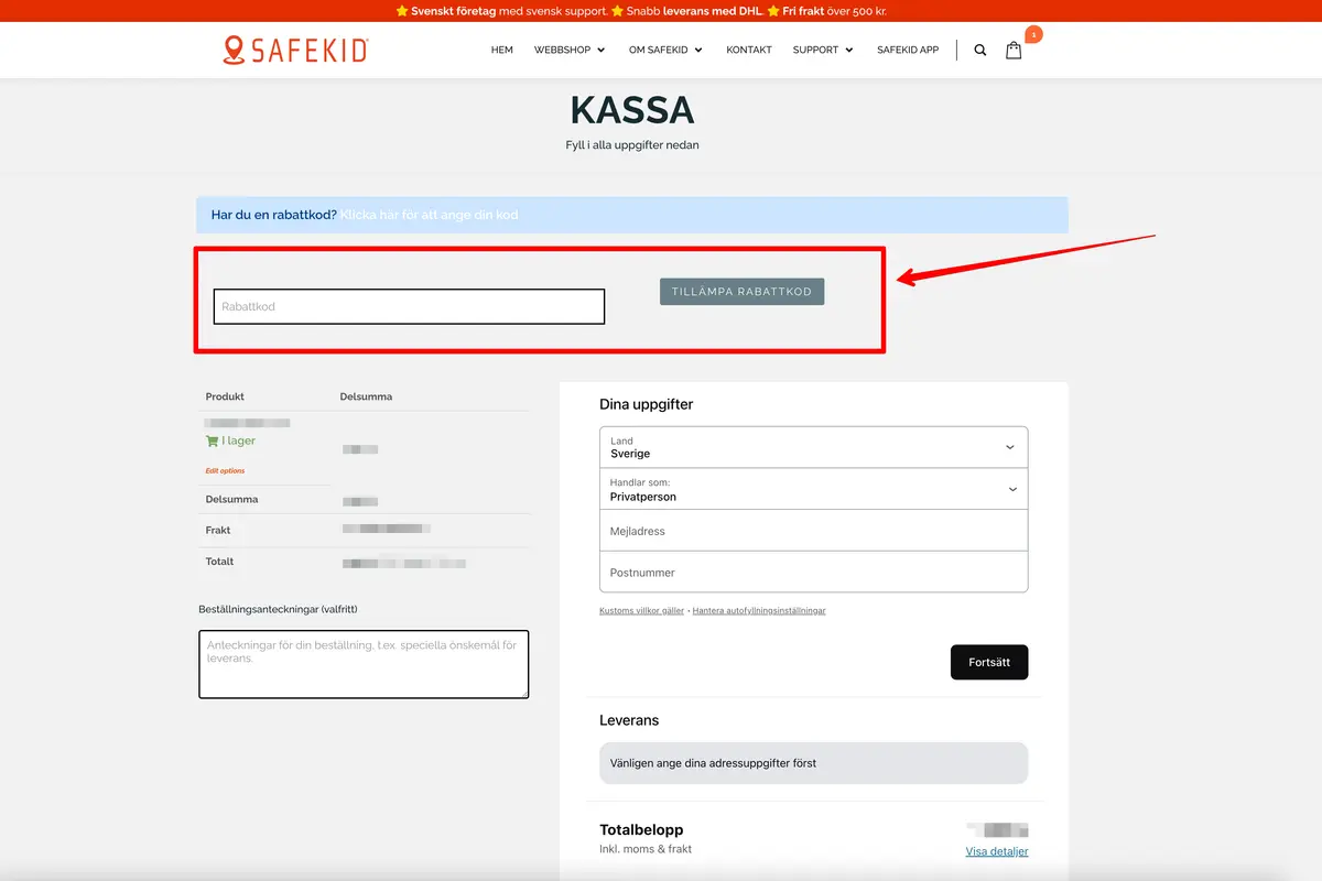 Bild på var man aktiverar en Safekid rabattkod