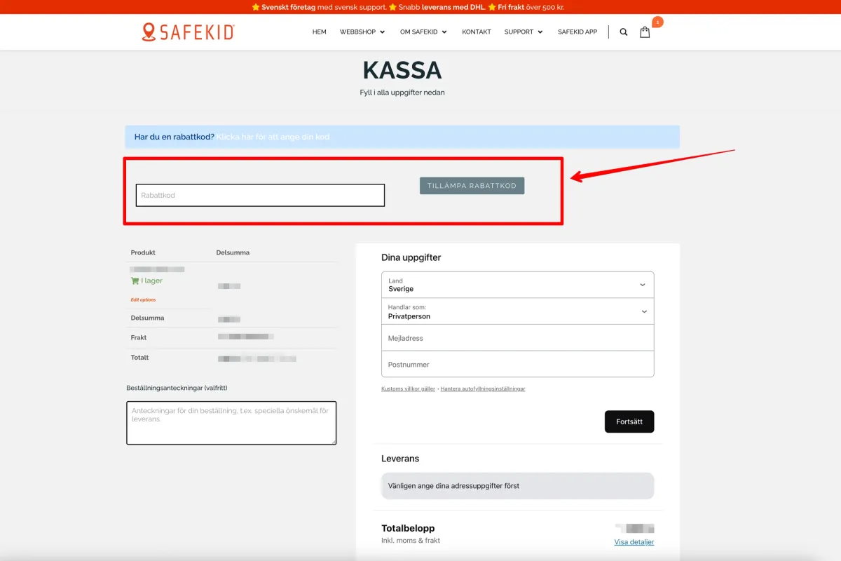 Bild på var man aktiverar en Safekid rabattkod