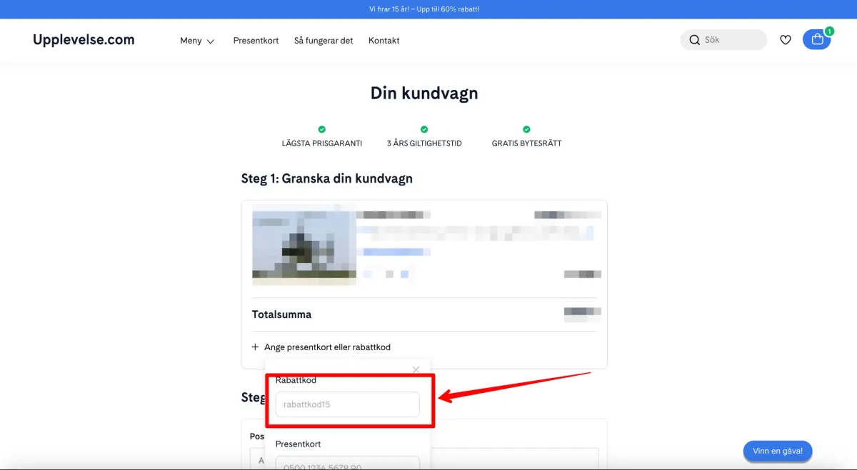 Bild på var man aktiverar en Upplevelse.com rabattkod