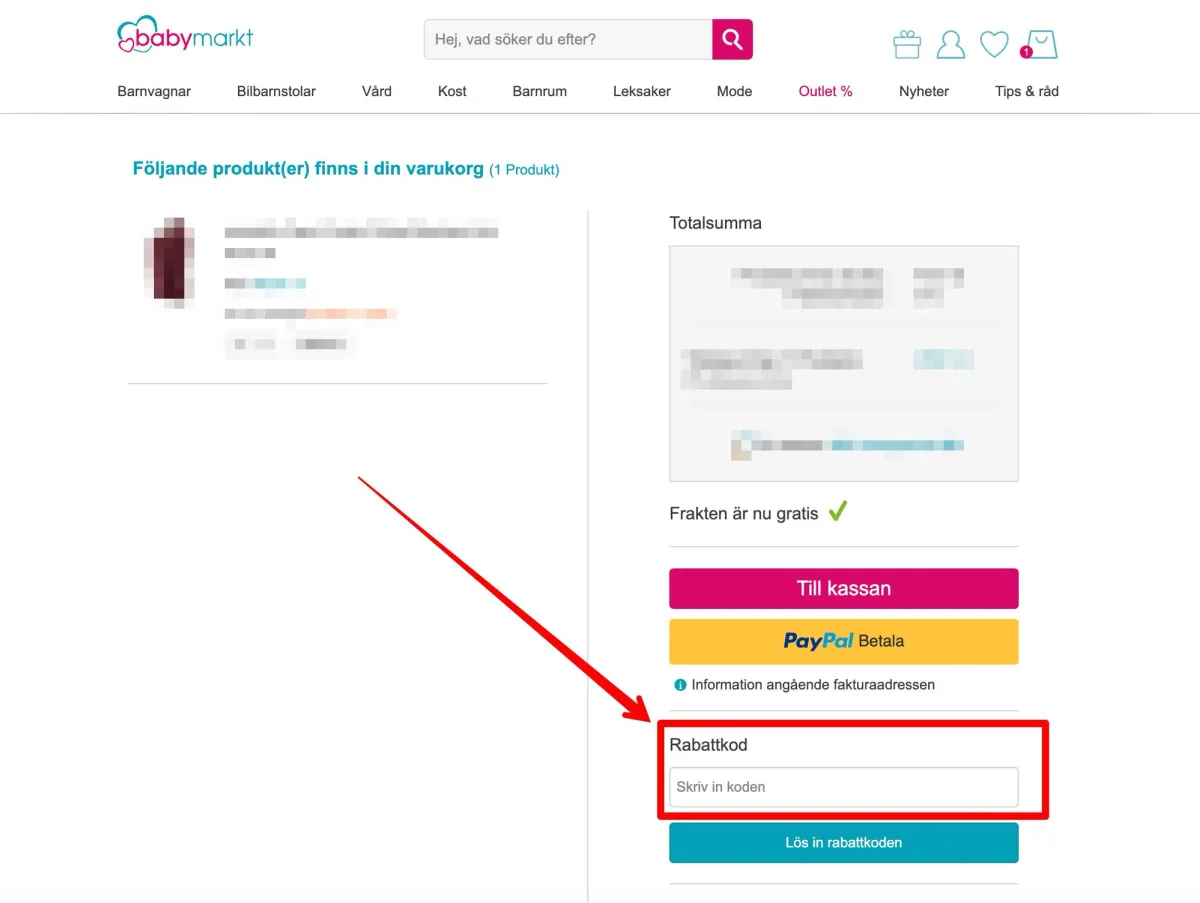 Bild på var man aktiverar en babymarkt rabattkod