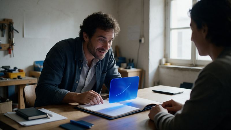 Client reading a folder in a meeting; a blue card with a rising curve rises from it