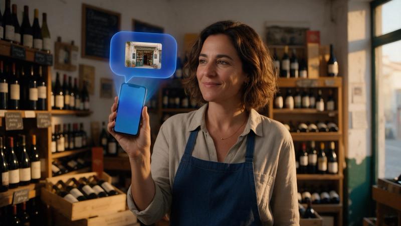 Dona de uma garrafeira com o telemóvel na mão; um balão azul mostra a fachada da sua loja