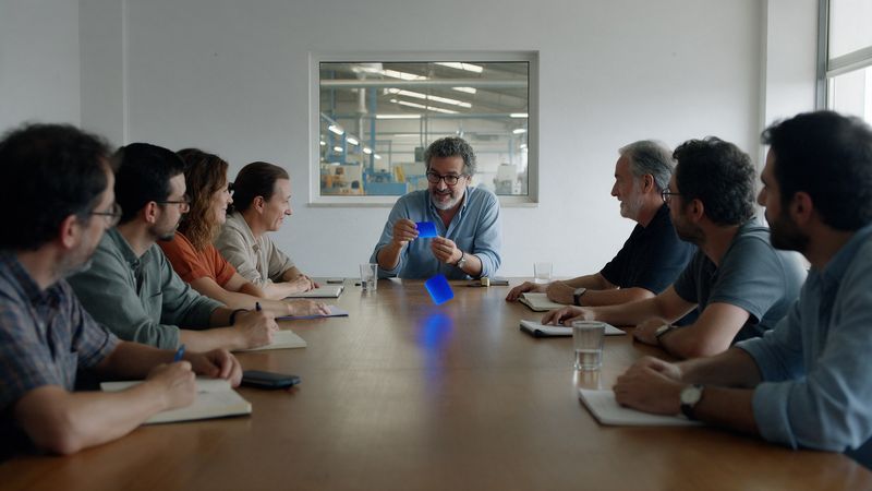 Meeting at an industrial company; a blue card reaches the director