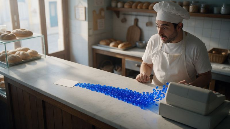 Bakery counter; a stream of blue orders flows from a business card to the till