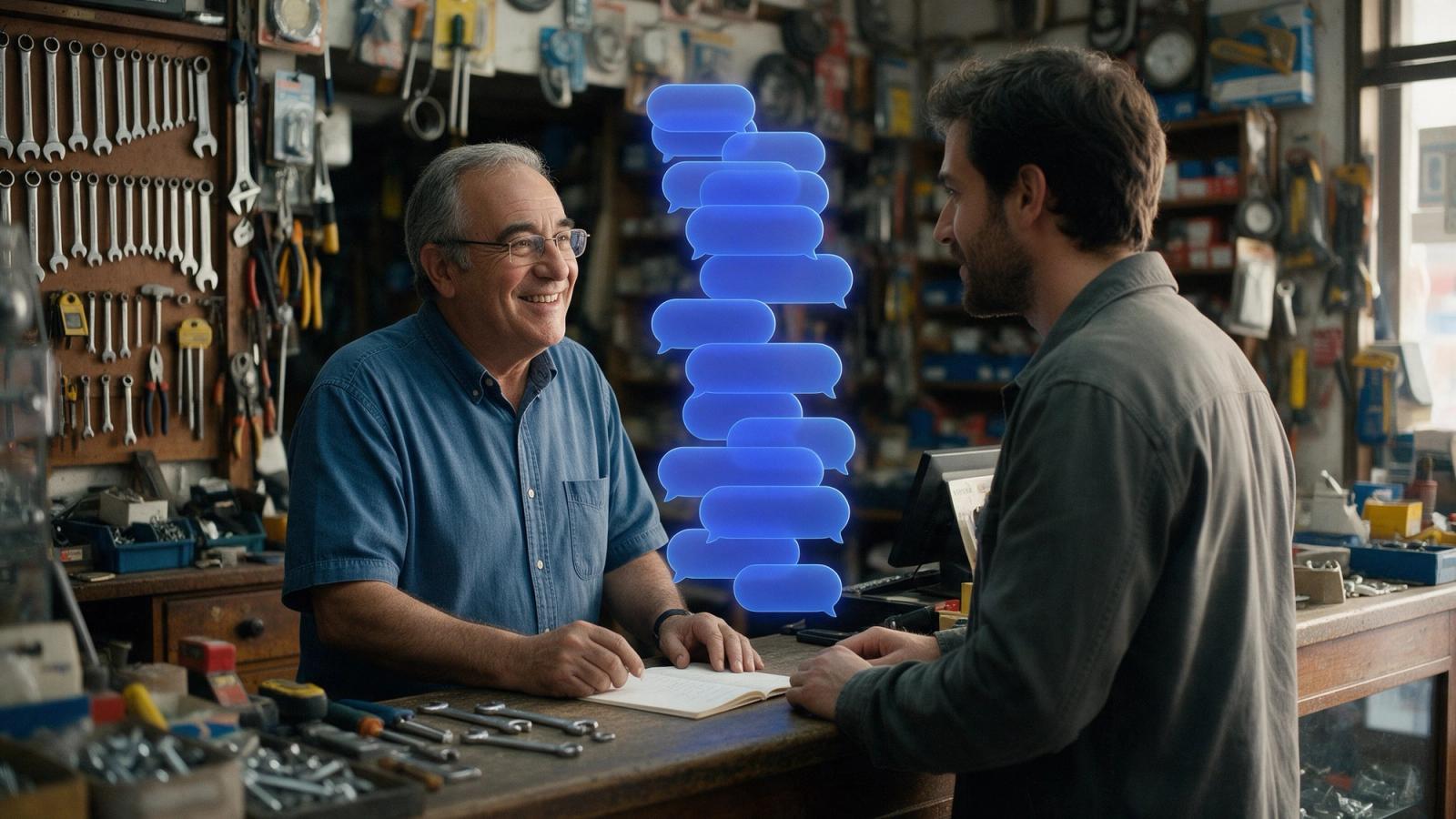Hardware store owner answers a customer; blue bubbles stacked neatly beside them