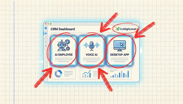GoHighLevel 2025 features overview showing AI Employee, Voice AI, and Desktop App