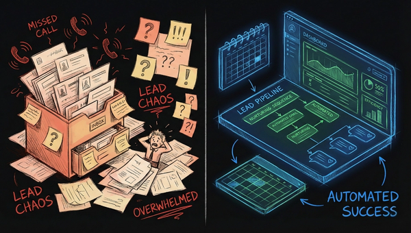 Before and after comparison showing chaotic manual real estate lead nurturing transformed into organized automated system