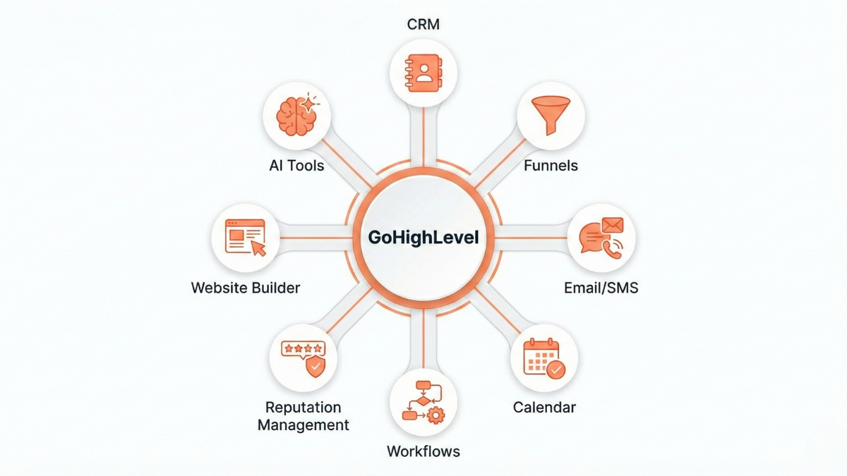 GoHighLevel features diagram showing CRM, funnels, automation, calendar, and communication tools in unified platform GoHighLevel features diagram showing CRM, funnels, automation, calendar, and communication tools in unified platform