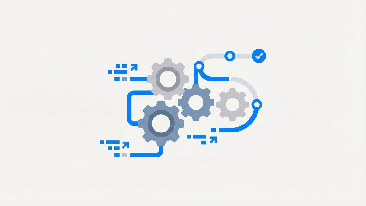Abstract 3D visualization of automated workflow with interconnected gears, data streams, and customer journey pathways featuring sleek metallic surfaces and blue accent lighting