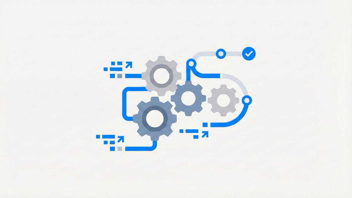 Abstract 3D visualization of automated workflow with interconnected gears, data streams, and customer journey pathways featuring sleek metallic surfaces and blue accent lighting