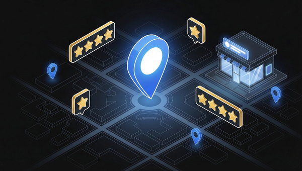 Google Maps local business ranking illustration with map pin and 5-star reviews