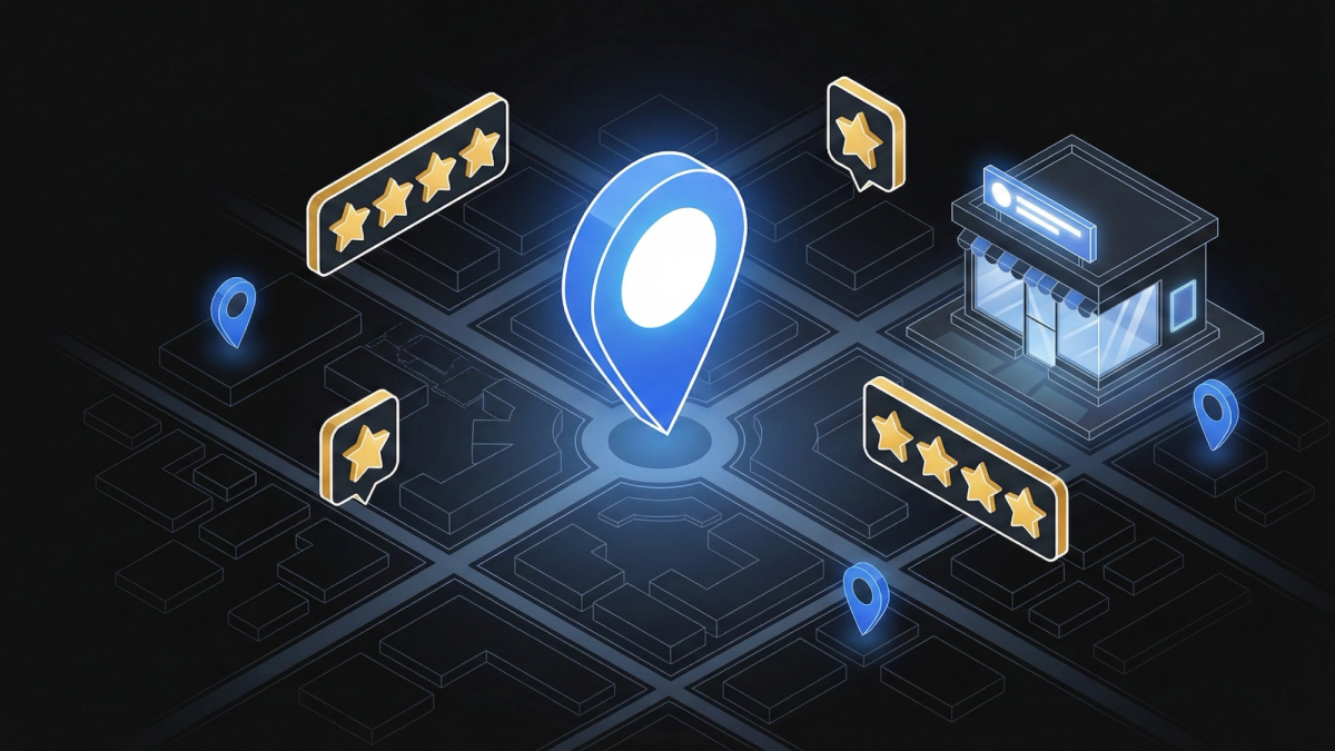 Google Maps local business ranking illustration with map pin and 5-star reviews