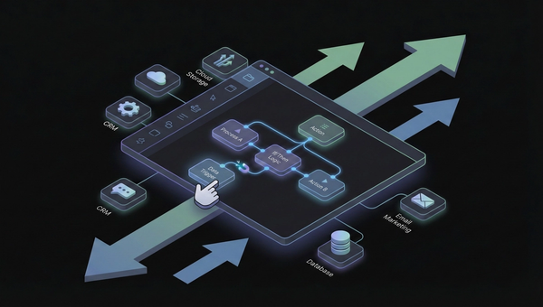 No-code tools illustration showing drag-and-drop workflow builder and automation integrations