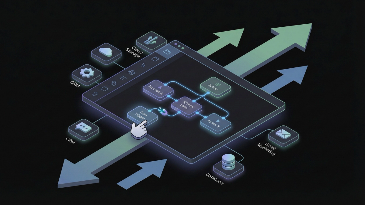 No-code tools illustration showing drag-and-drop workflow builder and automation integrations