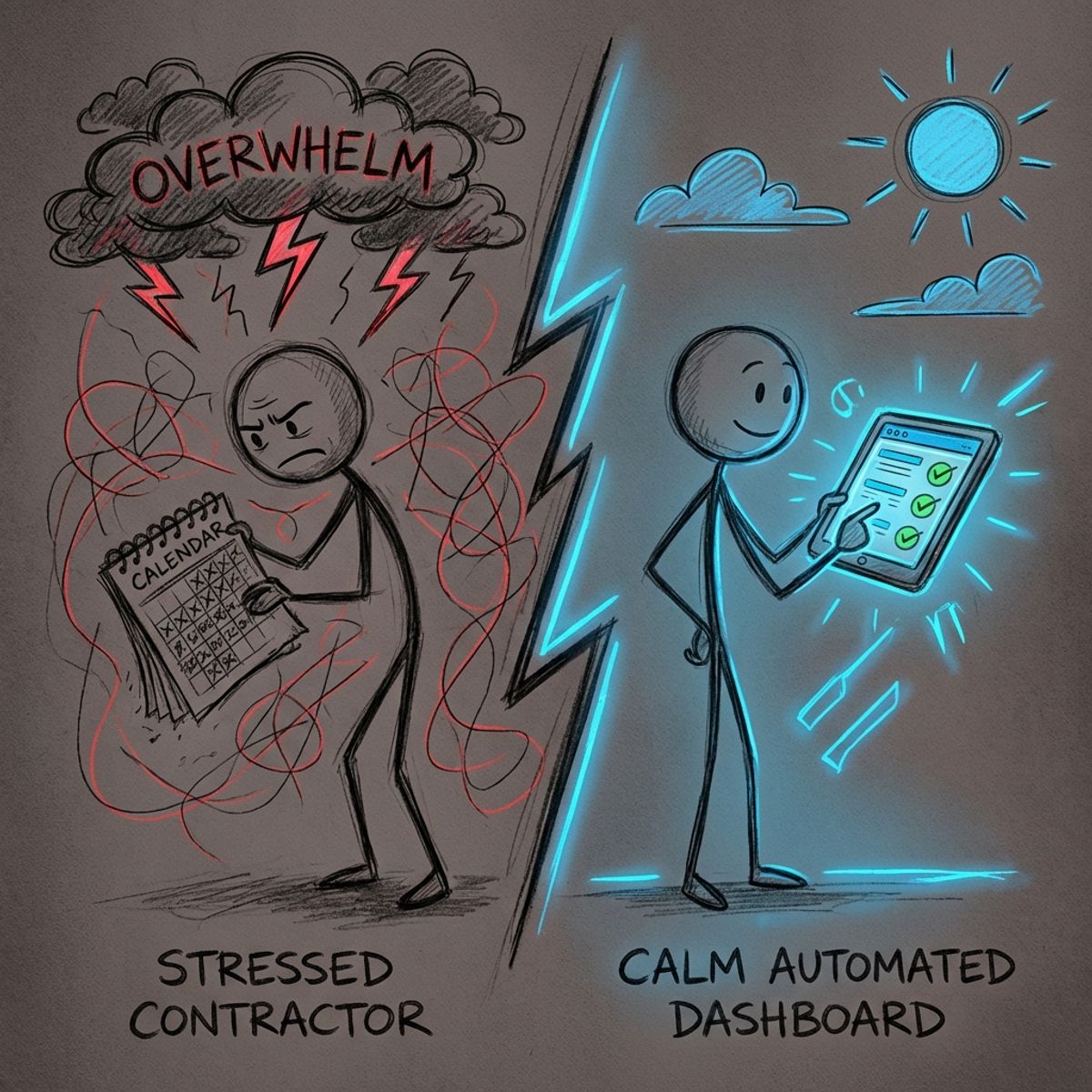 Comparison showing manual quote tracking chaos during busy season versus calm organized automated contractor follow up system
