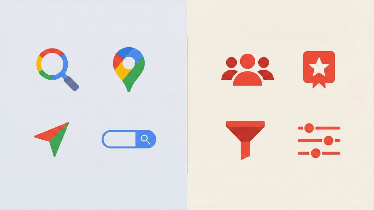 Side-by-side comparison of Google and Yelp review platforms highlighting their differences Side-by-side comparison of Google and Yelp review platforms highlighting their differences