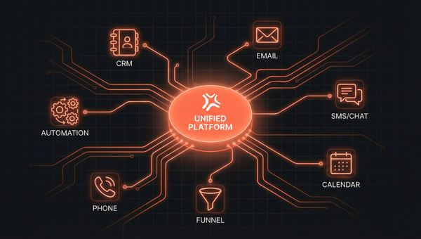 GoHighLevel all-in-one CRM platform illustration showing unified dashboard with automation workflows and communication tools