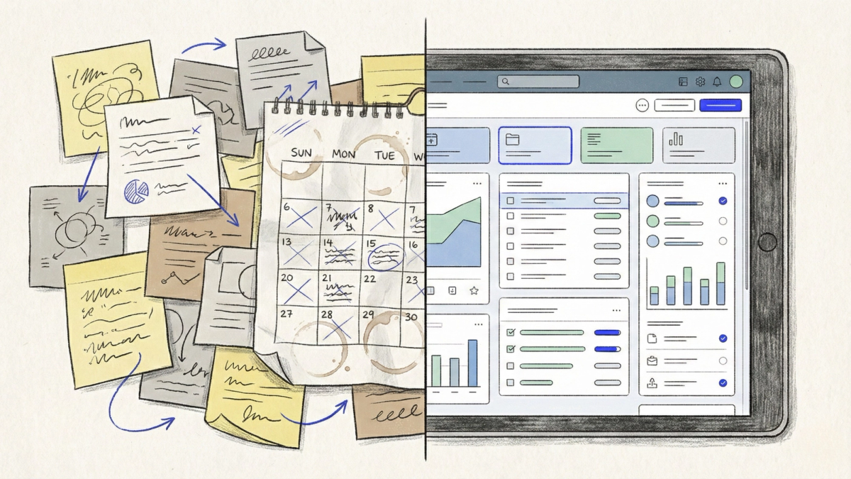 Split-screen comparison showing disorganized salon management with sticky notes and paper calendars on the left versus a clean organized digital dashboard interface on the right