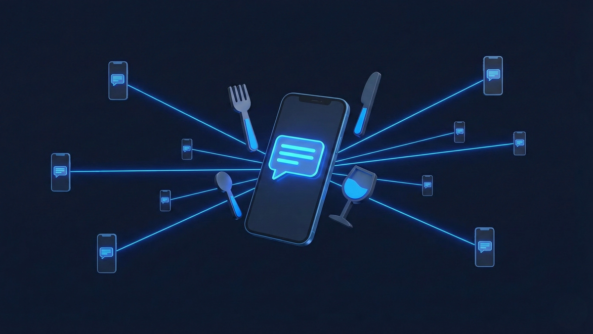 3D visualization of restaurant SMS marketing system connecting to customer mobile devices