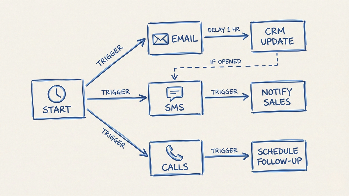 3D workflow visualization showing multi-channel automation capabilities in CRM systems