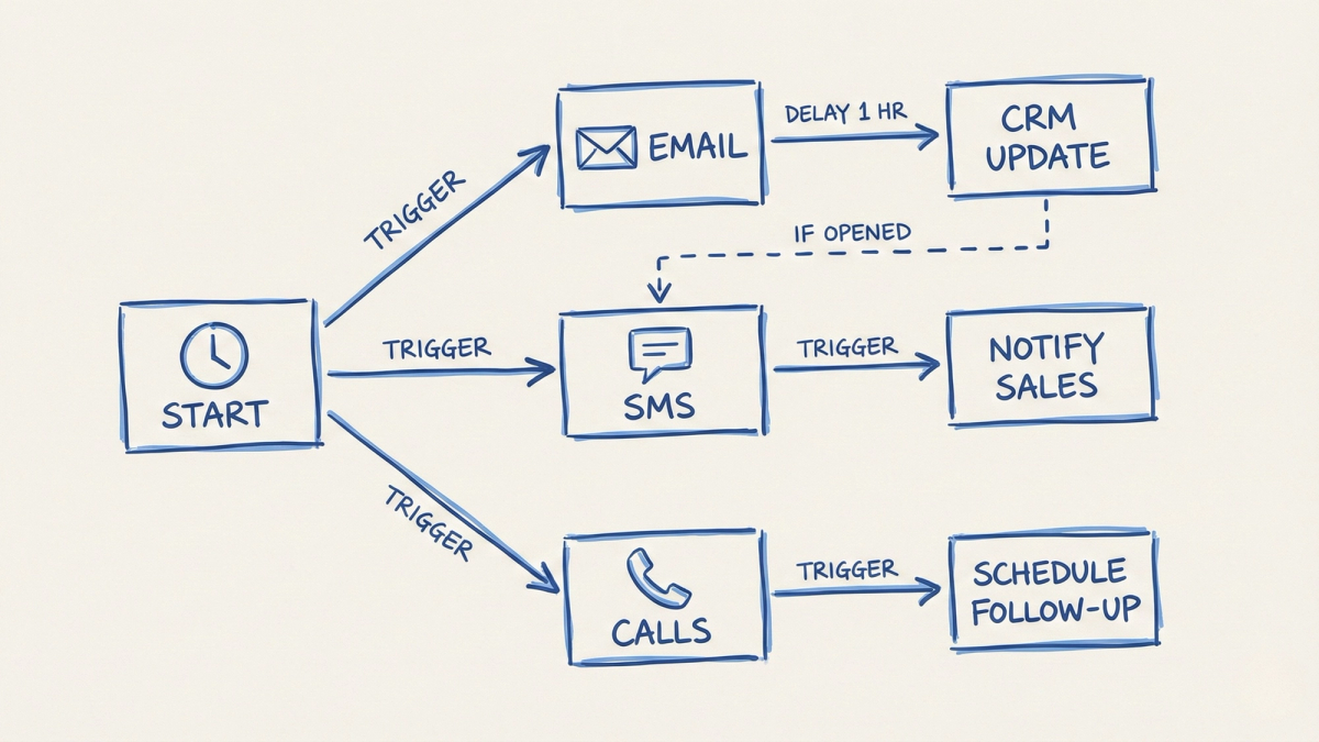 3D workflow visualization showing multi-channel automation capabilities in CRM systems
