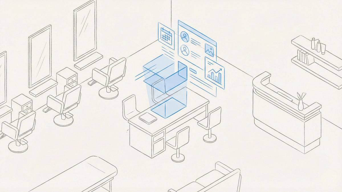 3D isometric illustration of a modern luxury salon interior with floating holographic interface elements displaying appointment calendars, client profiles, and revenue metrics, featuring purple and teal accent lighting on sleek glass surfaces