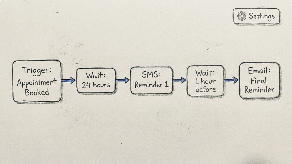 GoHighLevel workflow builder interface showing connected nodes that create an automated appointment reminder sequence