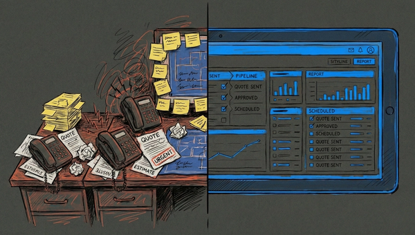 Before and after comparison showing chaotic manual quote follow-up process transformed into organized automated contracting system