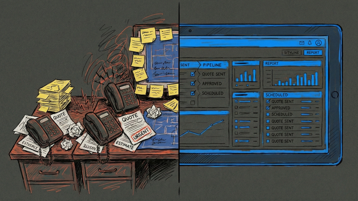 Before and after comparison showing chaotic manual quote follow-up process transformed into organized automated contracting system