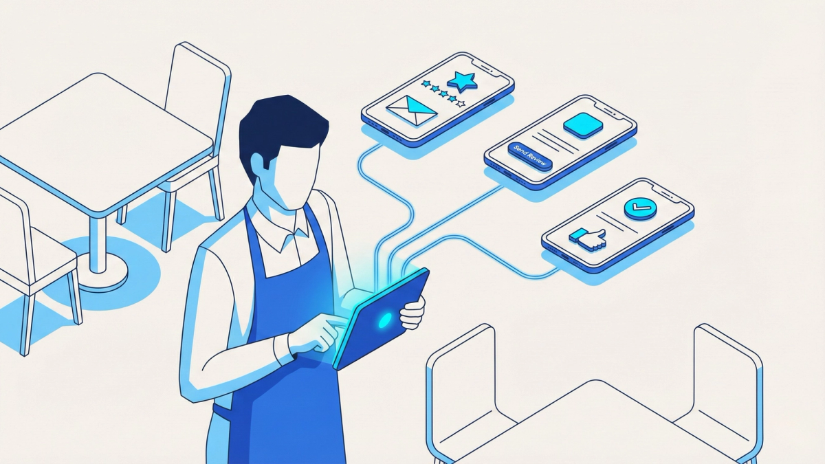 Isometric view of restaurant staff using technology to get more restaurant reviews Isometric view of restaurant staff using technology to get more restaurant reviews