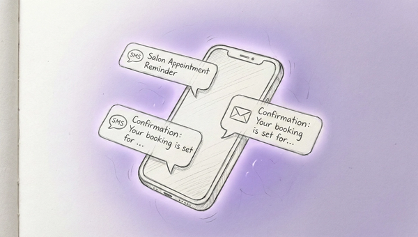 3D smartphone floating in space with SMS and email notification bubbles showing salon appointment details, surrounded by a soft purple glow