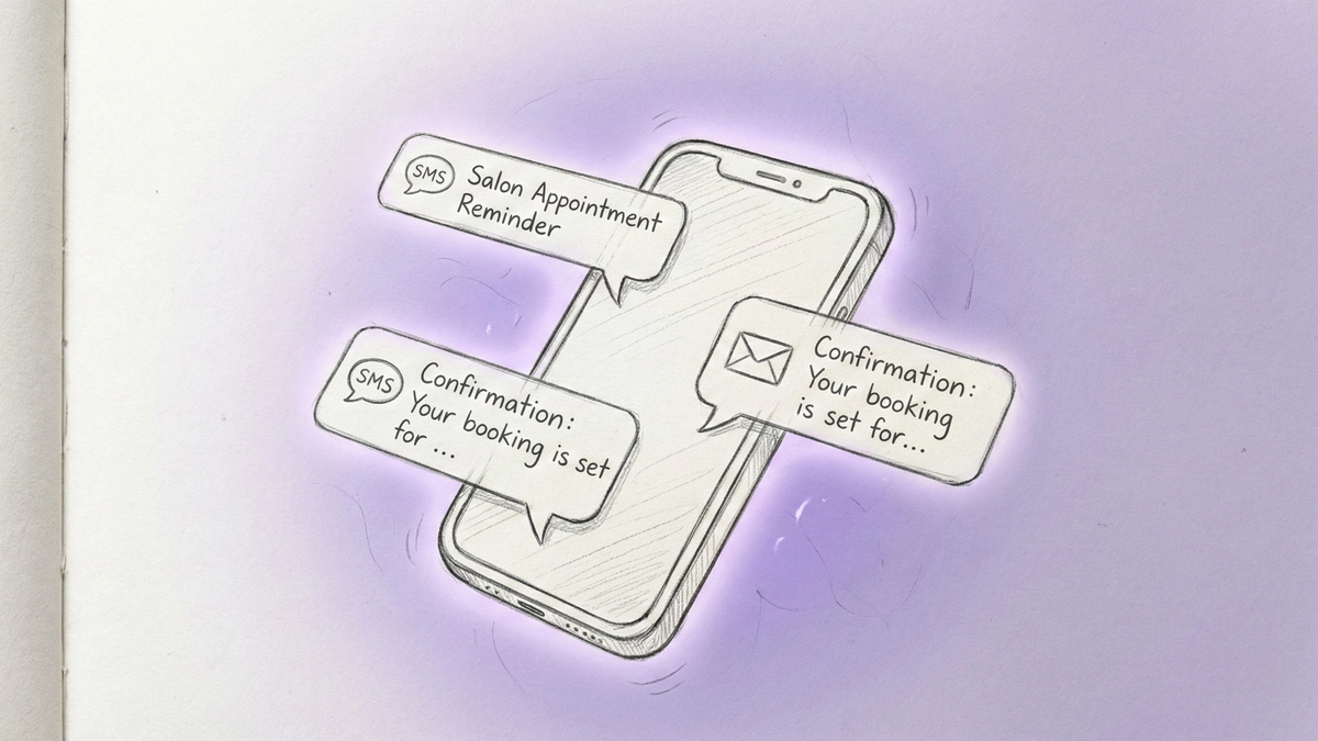 3D smartphone floating in space with SMS and email notification bubbles showing salon appointment details, surrounded by a soft purple glow