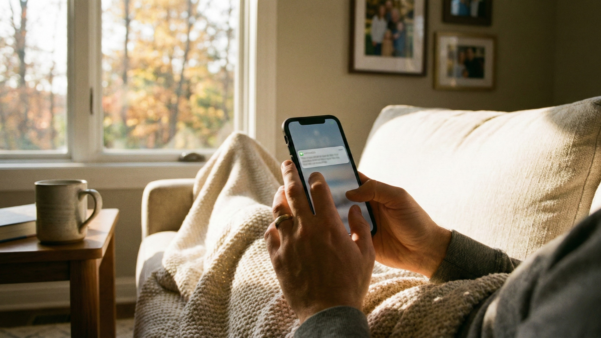 Homeowner receiving anniversary text message on phone while relaxing on their couch in their living room Homeowner receiving anniversary text message on phone while relaxing on their couch in their living room