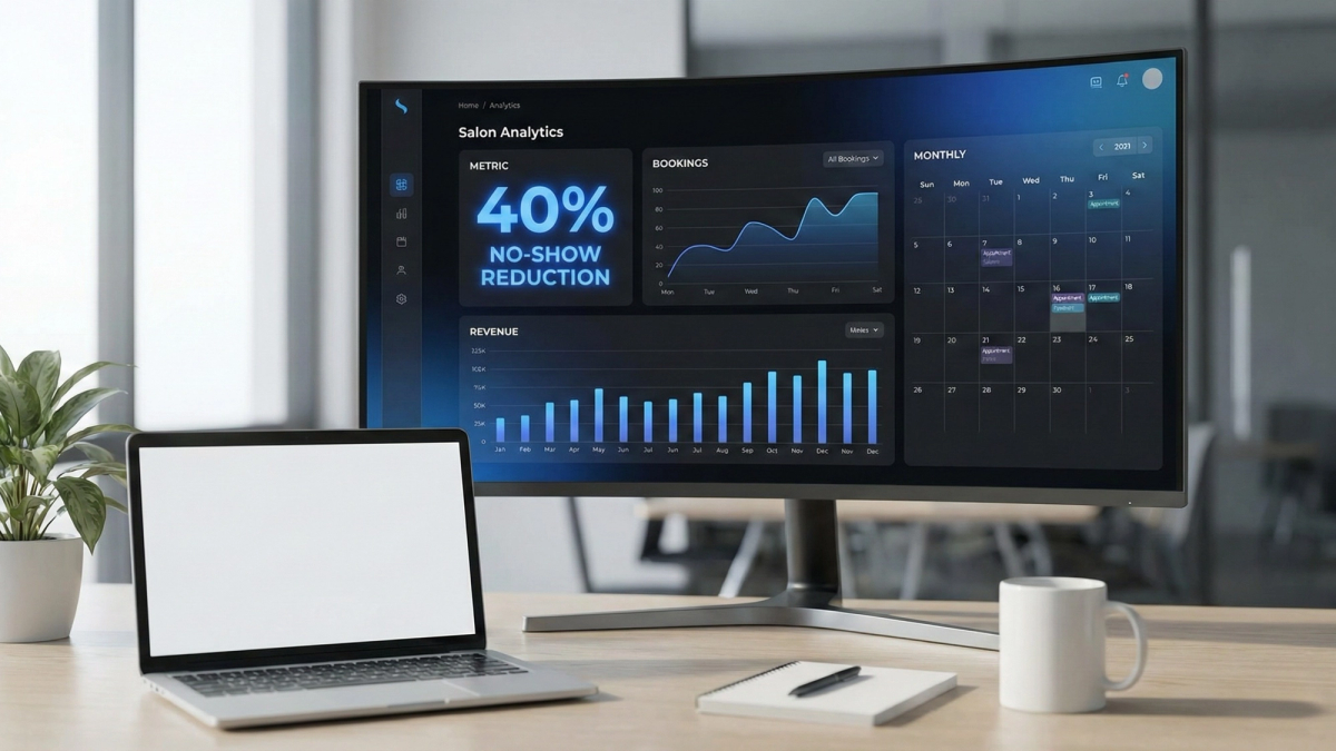 Sleek salon analytics dashboard mockup with floating 3D charts, booking calendar, and glowing metrics showing 40% reduction in no-shows on a dark background with blue gradients