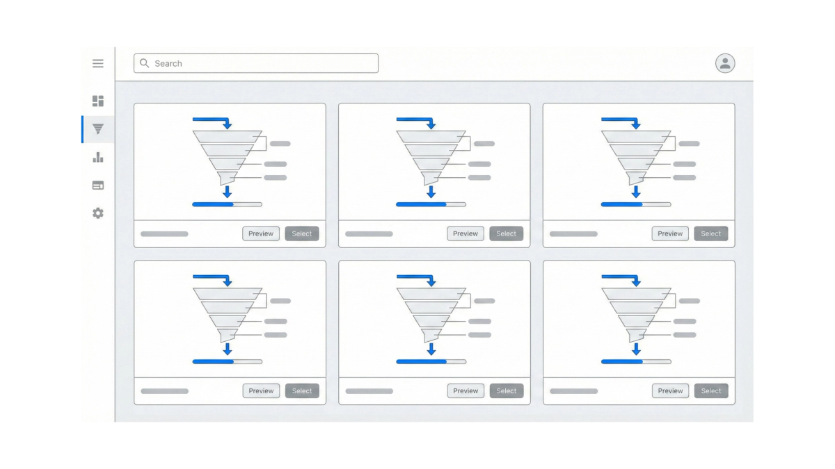 GoHighLevel funnel template selection dashboard showing various business templates