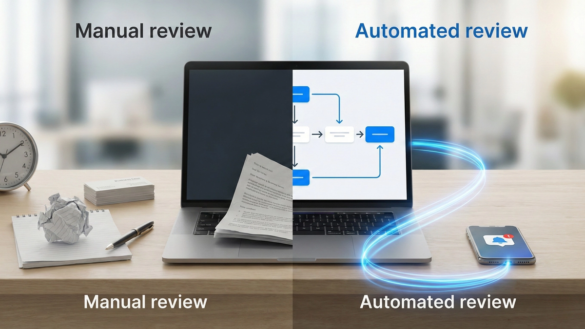 Split-screen comparison showing awkward face-to-face review request silhouettes on the left versus smooth digital automation with flowing data streams on the right