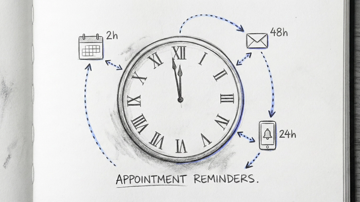 Clock face with notification icons positioned at 48-hour, 24-hour, and 2-hour intervals before an appointment