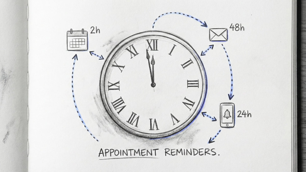 Clock face with notification icons positioned at 48-hour, 24-hour, and 2-hour intervals before an appointment